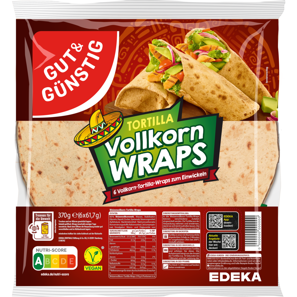 Edeka Tortilla Wraps Vollkorn 370g Bringit